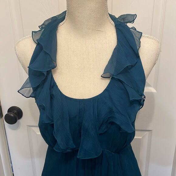 Amsale Teal Chiffon Ruffle Halter Knee Length Formal Dress - Picture 2 of 5